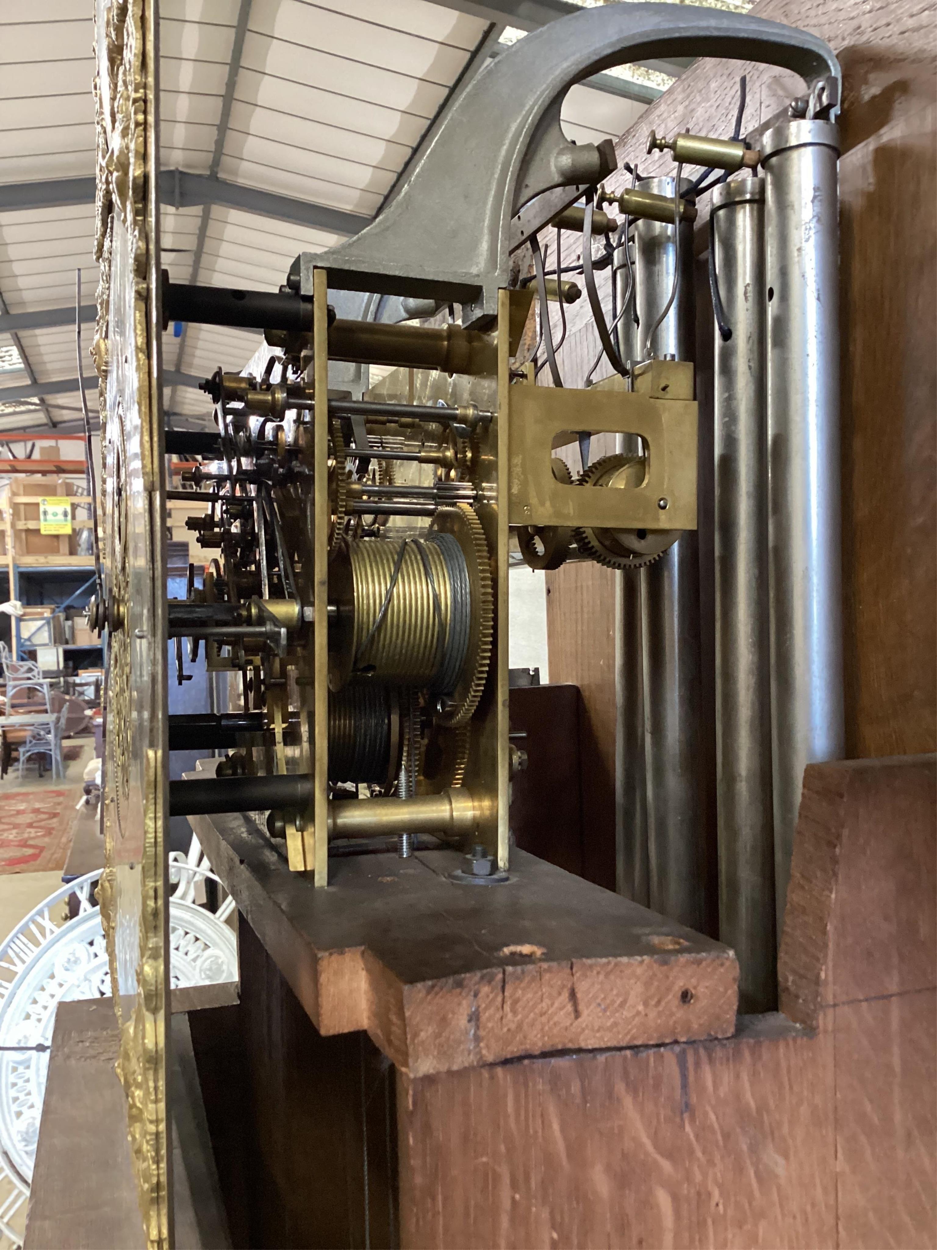 An early 20th century oak chiming longcase clock, height 218cm. Condition - good